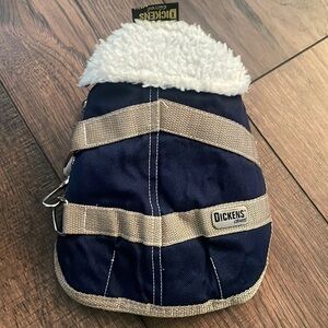 Dickens Closet dog coat denim blue tan white faux fur jacket size XS